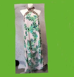 High/Low  Green and  White leaf print design dress with leopard print trim.